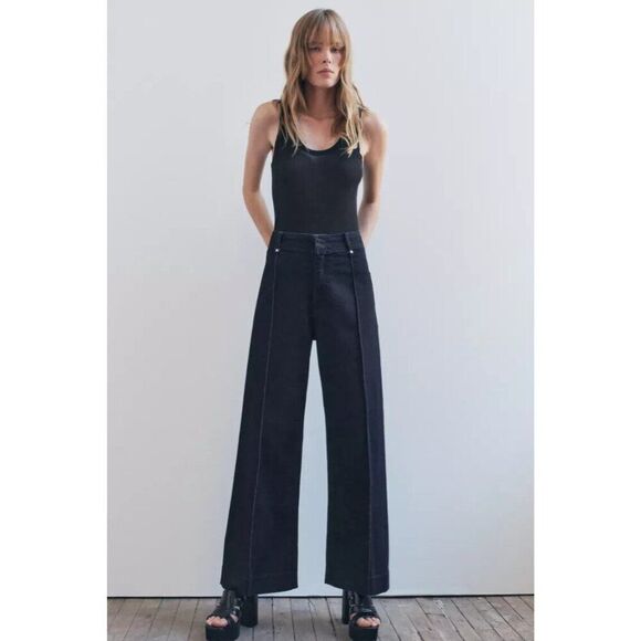 Zara Womens Jeans EU 36 US 4 Navy Blue Denim Wide Leg High Rise 8307/254 NWOT - Picture 1 of 11